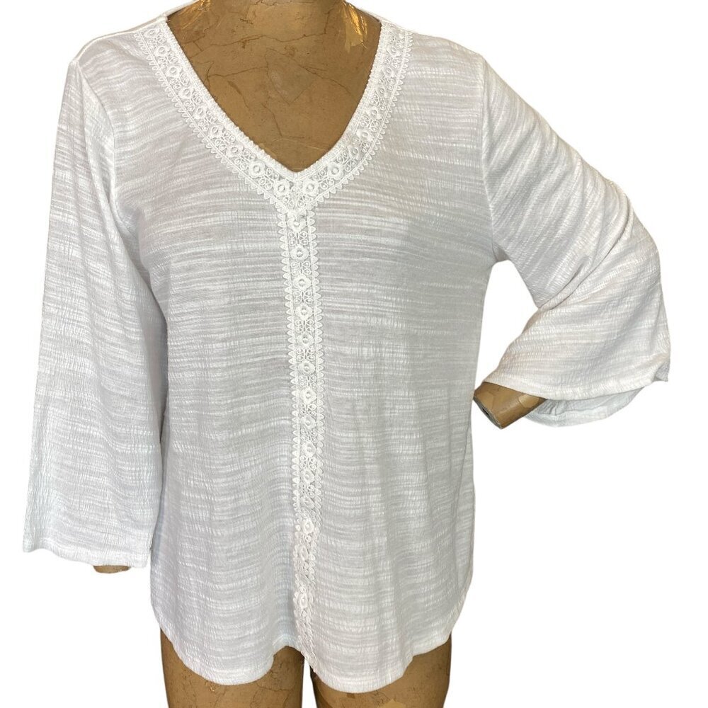 Spense Flare Sleeve‎ BOHO Gauzey Top Embroidered Trim V-Neck Sz L White #344F